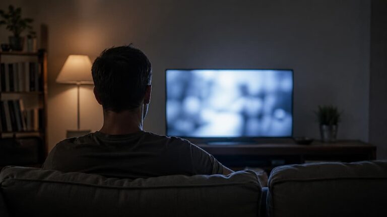 Man sitting alone in a dim living room watching a blurred television screen.