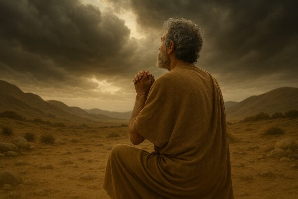 Suffering man Job, praying to God