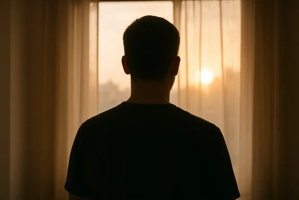 Silhouette of a man standing indoors looking toward soft morning light through a window.