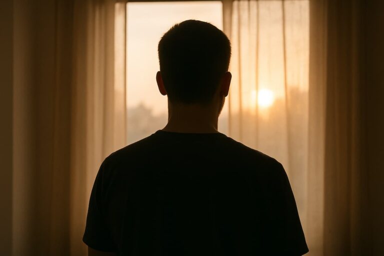 Silhouette of a man standing indoors looking toward soft morning light through a window.