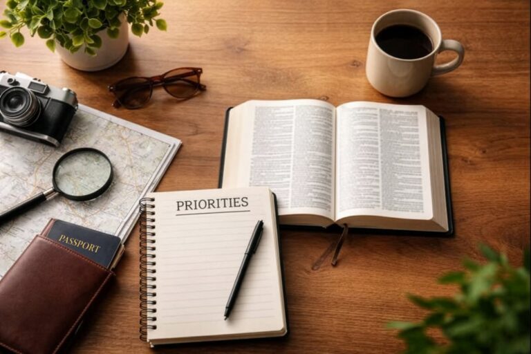 Open Bible beside a notebook titled ‘Priorities’ with a map, camera, passport, and coffee on a wooden desk.
