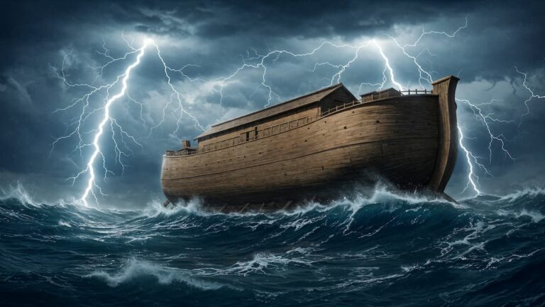 A massive wooden ark navigates towering storm waves under a dark sky split by lightning, depicting Noah's ark during the Genesis flood