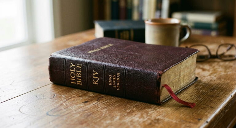 Worn leather-bound King James Version Holy Bible resting on a rustic wooden table beside a ceramic mug and reading glasses.