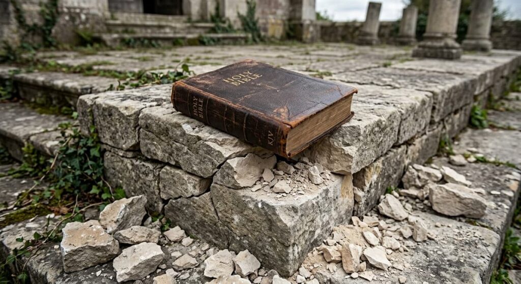 Worn KJV Holy Bible Resting on Crumbling Stone Ruins